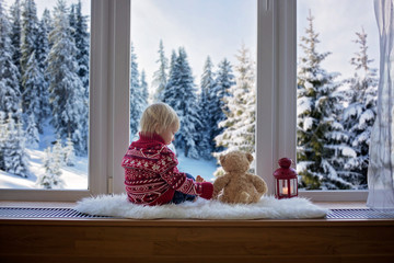 Sweet blonde child, boy, sitting on window shield with teddy bear friend toy, looking at the view