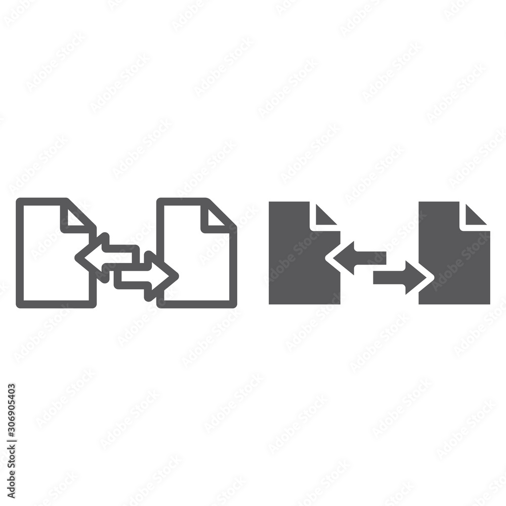 Poster file sharing line and glyph icon, document and computer, file sending sign, vector graphics, a linea