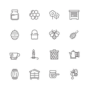 Honey symbols. Apiary icons flowers honeybee liquid drops jar vector natural healthy products pictograms. Illustration honeybee and honeycomb, honey sweet and apiculture