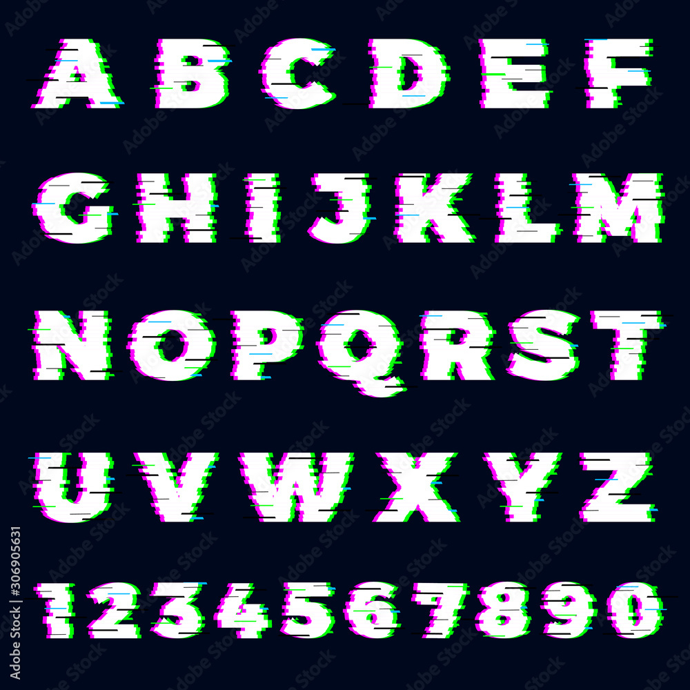 Poster glitch font. destroyer alphabet letters dynamic screen effect gaming typography font vector template