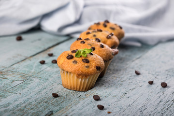 Chocolate vanilla fresh delicious muffins on blue wooden background