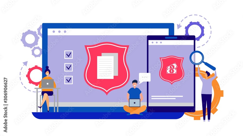Poster data protection, internet security concept. phone, laptop security vector illustration. tiny flat co