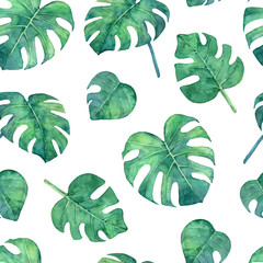Tropical  seamless pattern with monstera leaves. Hand painted in watercolor. - 306906828
