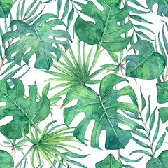 Seamless pattern with tropical leaves. Hand painted in watercolor.