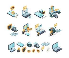 Digital payment. Online internet banking mobile checking bills electronic mobility cards wallets vector isometric collection. Electronic digital mobile finance payment illustration