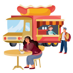 woman sit at the table in front of the truck that sells shot dogs, a man wants to buy food from a seller, isolated object on a white background, vector illustration