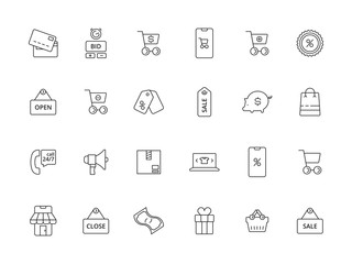 Market online icon. E commerce business purchasing app payments price basket promo coupon vector line pictures. Shop icons commercial, illustration outline cart and purchase