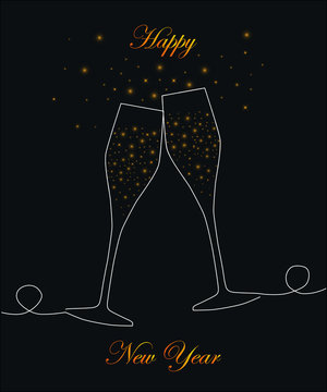  New Year card with glasses of champagne on a black background