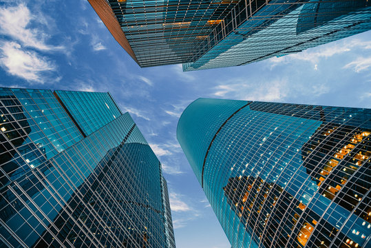 Fototapeta view of modern corporate buildings against the blue sky. high-rise buildings and skyscrapers Moscow International Business Center (Moscow City), Russia. City view from the bottom up