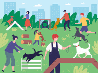 Obraz na płótnie Canvas Walking with dogs in park. People playing running outdoor with domestic animals dogs puppies vector background. Illustration park dog, train and walk