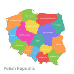 Fototapety  Poland map, administrative division Polish Republic, separate individual states with state names, color map isolated on white background vector