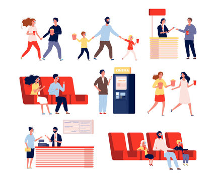Characters in movie theatre. Funny people going to entertainment show watching films vector flat persons. Cinema film, watching with popcorn illustration