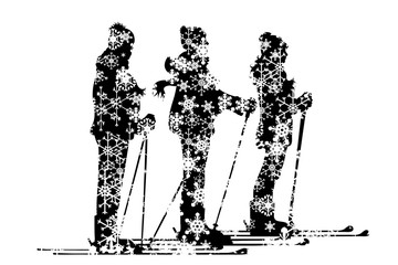 Vector silhouette of snowy people who skiing on white background. Symbol of winter, man, snowflakes, woman, sport, friends, season, snow, cold, Christmas, frost.