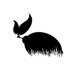 Vector silhouette of lemon in the grass on white background. Symbol of fruit, nature, park, garden, food, plantation, harvest.