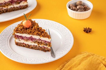 Traditional homemade carrot cake and cream carrots. Copy space.