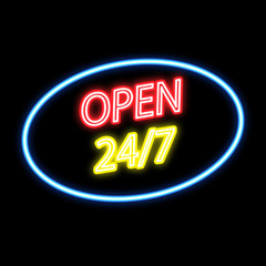 Open 24/7 neon sign on a black background. Vector illustration .