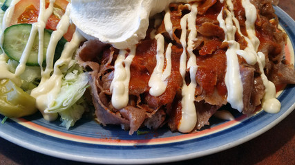 Close up of Iskender kebab.