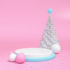White christmas tree and pink and white decoration object group with podium display stand on pastel pink background 3d rendering. 3d illustration celebration christmas and cute new year sale concept.