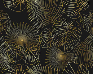 Fototapety  Jednolity wzór egzotycznej dżungli tropikalnych złotych liści palmowych na czarnym tle - ilustracja wektorowa
