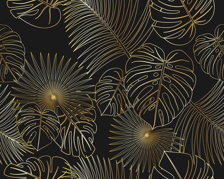 Seamless pattern of exotic jungle tropical golden palm leaves on black background - Vector illustration