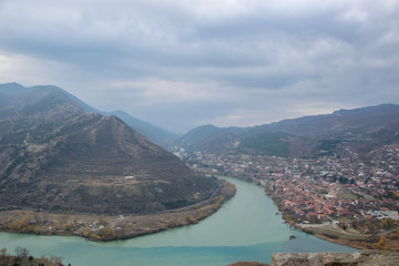 view of mountains and river in Mtskheta Georgia 