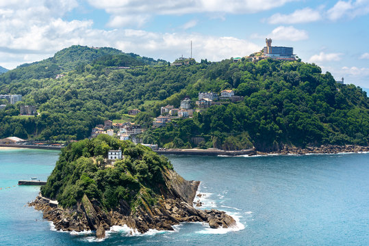 Santa Clara island and Igueldo mountain in the bay of Donostia-San Sebastian, Basque Country, Spain