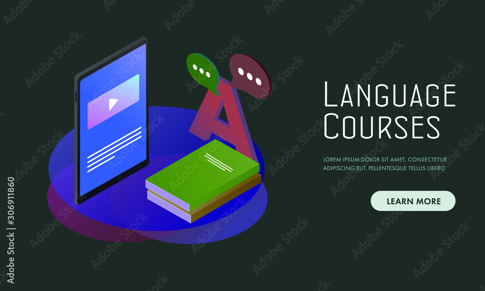 Poster language on-line courses with online learning school, foreign languages with e-learning concept. eng