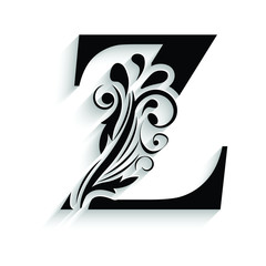 letter Z. Black flower alphabet.  Beautiful capital letters with shadow