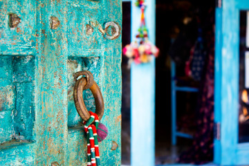 Close up blue door, Bhutan style door entrance.