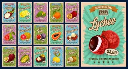 Tropical fruits menu, farm market fruits price list. Vector natural tropical pittaya, carambola starfuirt and feijoa, organic orange citrus and tamarillo, guava and grapefruit, exotic figs and papaya