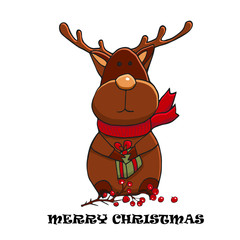 Christmas and New Year cute character. Vector illustration of reindeer in a red scarf and with a gift. Greeting card