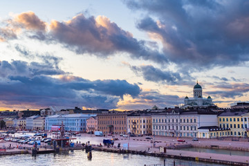 Helsinki. The capital of Finland under a grey sky. Helsinki cruise port. Suurkirkko. Cathedral Of...