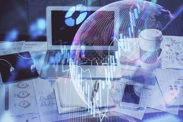 Multi exposure of forex chart and work space with computer. Concept of international online trading.