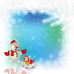 Abstract blue white background with Christmas decorations and snowman