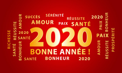 Bonne année 2020. Bannière 2020 rouge bordeaux et dorée. Meilleurs vœux en français.