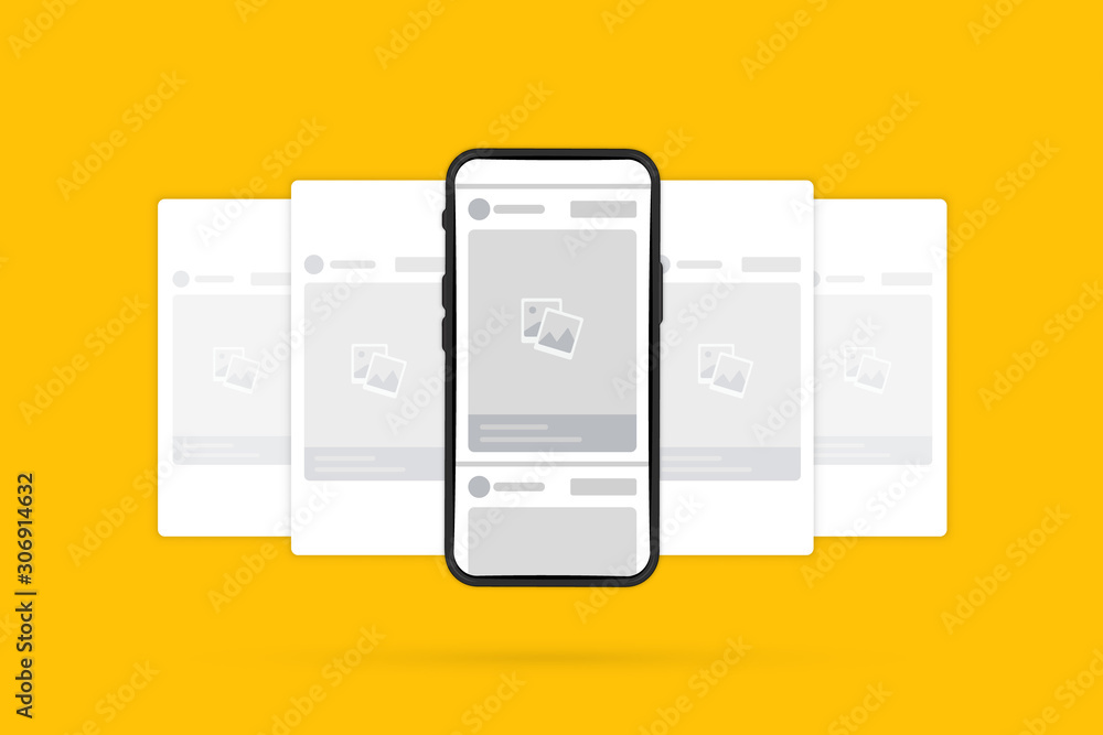 Leinwandbilder Smartphone with interface New Mock up of social network photo frame. Phone with interface carousel post on social network. Mobile page with interface carousel post on social network