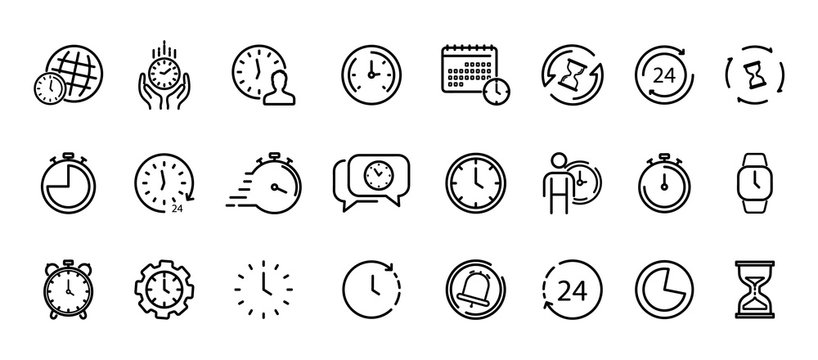 Time and Clock thin line icons. Time management, 24 hour clock, deadline alarm. Calendar, Clock, Time, Date, Timer, Sand hourglass, Digital smartwatch, Timer stopwatch vector sign collection.