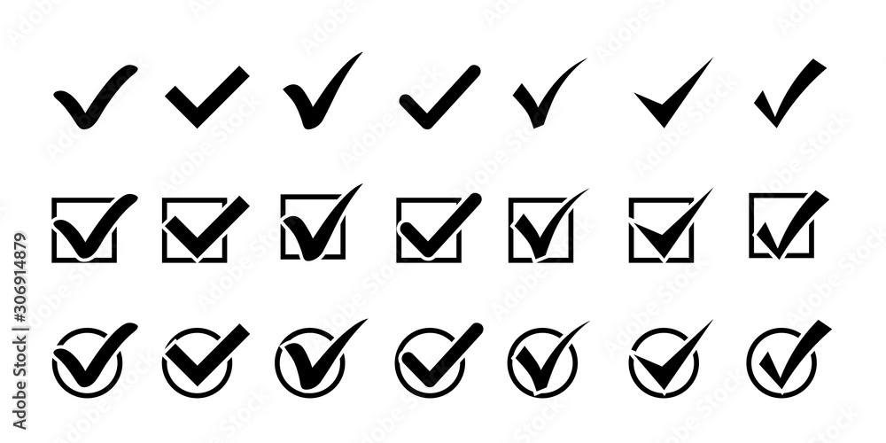 Poster Set of Black Check Marks icons. Tick symbol. Black confirm icons. Different check marks or ticks in boxes. Confirmation, acceptance positive passed, voting agreement, completion of tasks on a list