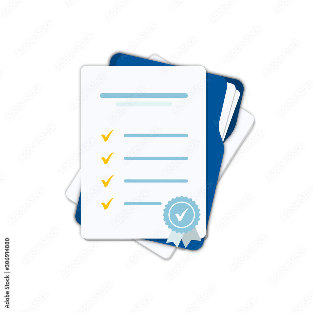 Aufkleber Document. Folder with papers. Contract papers. Contract conditions, research or approval validation document. Folder with stamp and text silhouettes.