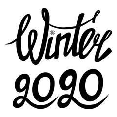 Winter 2020, handwritten lettering. Black vector illustration isolated on the white background. Merry Christmas and Happy New Year.