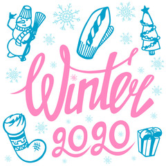 Winter 2020, handwritten lettering. New Year set of decorative elements. Winter holidays and Merry Christmas theme. Colorful vector illustrations isolated on the white background. Decoration kit.