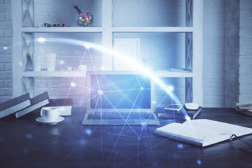 Computer on desktop with social network theme icon. Multi exposure. Concept of international connections.