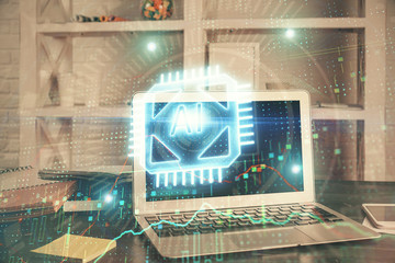 Technology theme drawing and work space with computer. Multi exposure. Concept of innovation.