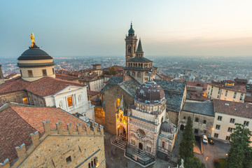 View from Campanone with Duomo to left and Cappella Colleoni/Basilica di Santa Maria Maggiore to right, Bergamo, Lombardy, Italy 