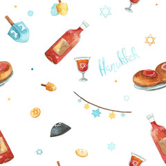 Hanukkah seamless pattern. Hand drawn watercolor illustration isolated on white background.Menorah candles, David star, flying dove and handwritten lettering. Jewish festival of lights pos