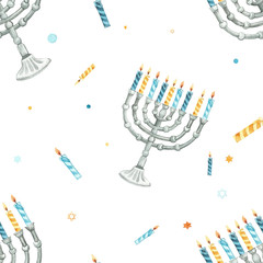Hanukkah seamless pattern. Hand drawn watercolor illustration isolated on white background.Menorah candles, David star, flying dove and handwritten lettering. Jewish festival of lights pos