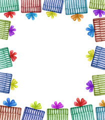 Watercolor illustration. Frame, banner with gift boxes of different colors of the same shape. Cute, bright, children's, cartoon pattern, space for text. For postcards, greetings, invitations.