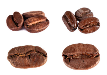 Roasted coffee beans isolated on white background.