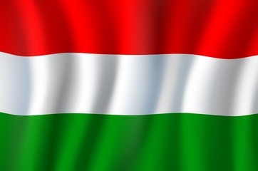 Obraz premium Hungary flag, 3D realistic wavy banner. Vector Europe country national flag of European Union and Schengen, Hungary Independence Day symbol of red, white and green stripes background