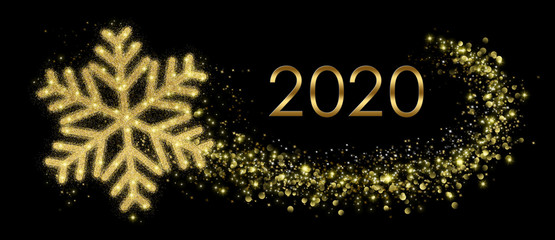 Fototapeta na wymiar 2020 With Golden Snowflake In Abstract Black Night